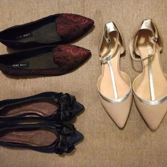 ❤️LOT 3  2 NINE WEST 1 J RENEE Womens Size 7 1/2 Pointy Toe Ballet Flats - Picture 1 of 6